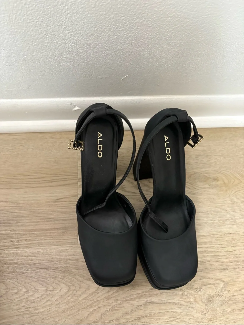 ALDO Black Platform Square-Toe Ankle Strap Heels